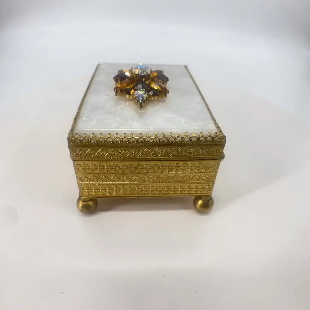 Vintage Austria Jeweled Trinket Box Gold Tone Etched Red Velvet Lined